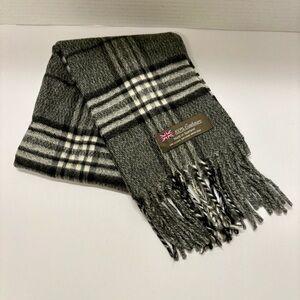 100% Cashmere Dark Grey Plaid Fringed Scarf, Made In Scotland, 64x12”